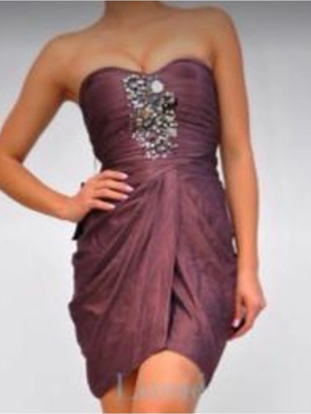 bebe Strapless Plum Cocktail Dress with Beaded Applique